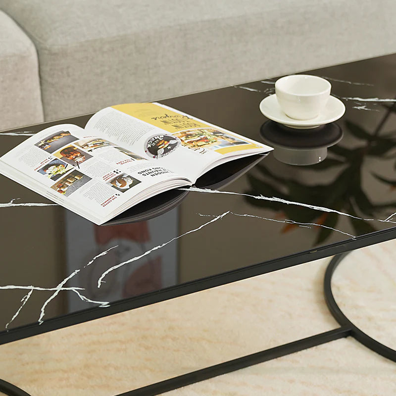 OFCASA RECTANGULAR COFFEE TABLE WITH BLACK METAL FRAME AND MARBLE-PATTERNED GLASS TOP