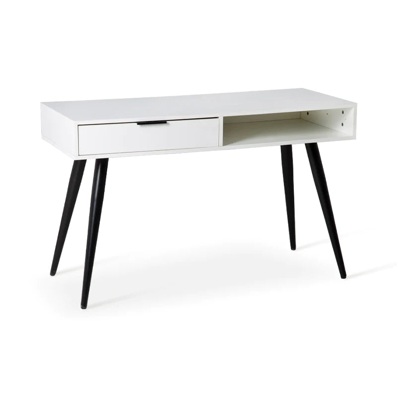 OFCASA WHITE RECTANGULAR DESK WITH BLACK METAL LEGS AND DRAWER