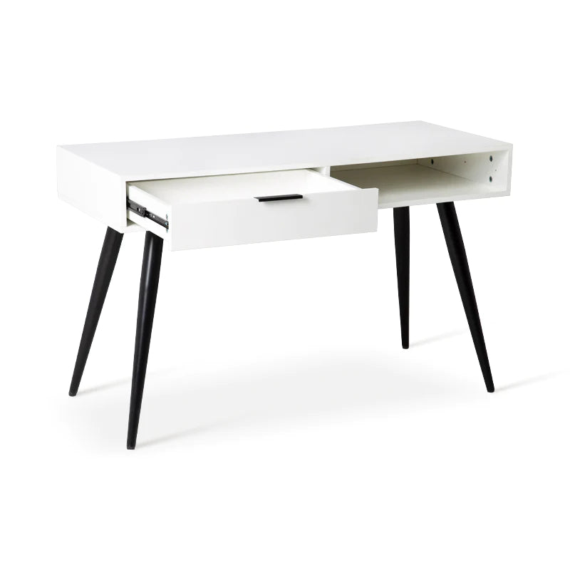 OFCASA WHITE RECTANGULAR DESK WITH BLACK METAL LEGS AND DRAWER