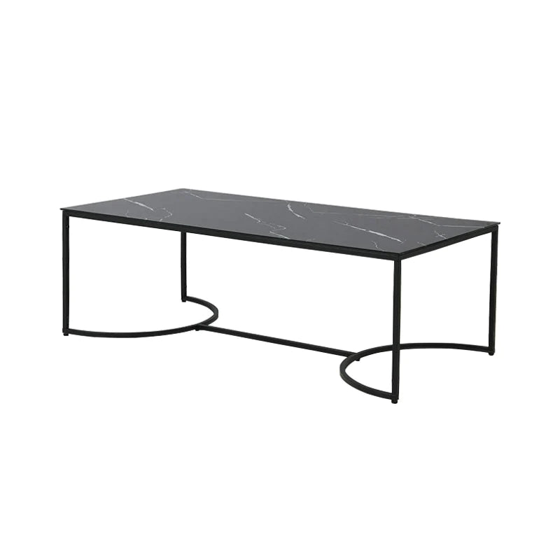 OFCASA RECTANGULAR COFFEE TABLE WITH BLACK METAL FRAME AND MARBLE-PATTERNED GLASS TOP