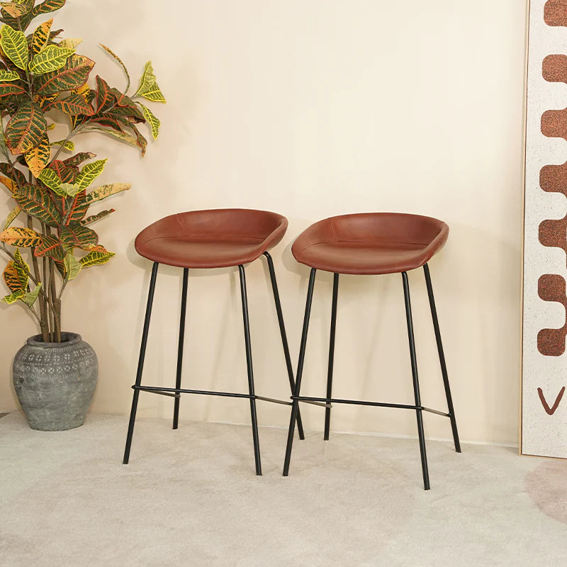 [SET OF 2] OFCASA BROWN BARSTOOLS BAR CHAIRS FAUX LEATHER EXTERIOR METAL FOOTREST