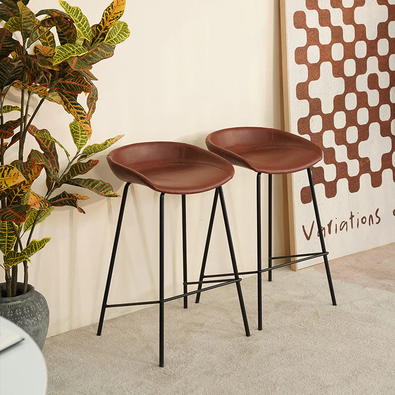 [SET OF 2] OFCASA BROWN BARSTOOLS BAR CHAIRS FAUX LEATHER EXTERIOR METAL FOOTREST