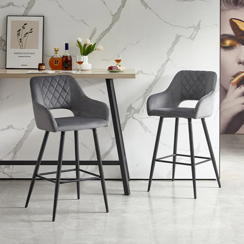 [SET OF 2] OFCASA GREY VELVET BAR STOOLS, UPHOLSTERED SEAT BAR CHAIRS WITH HOLLOW DESIGN