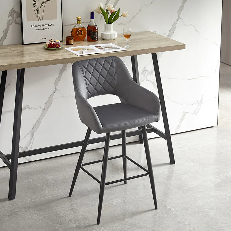 [SET OF 2] OFCASA GREY VELVET BAR STOOLS, UPHOLSTERED SEAT BAR CHAIRS WITH HOLLOW DESIGN