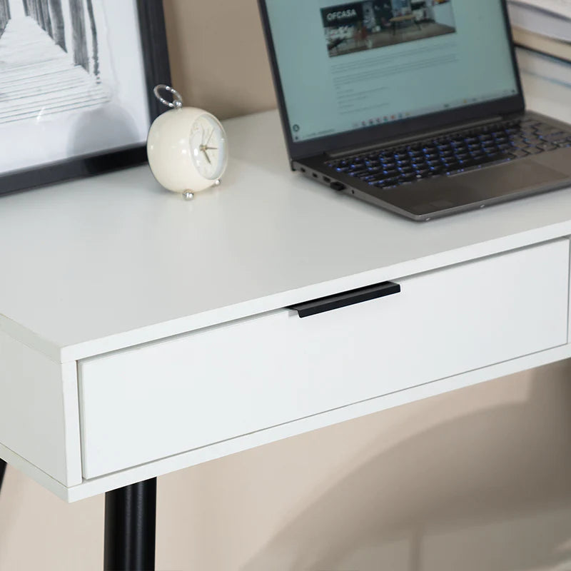 OFCASA WHITE RECTANGULAR DESK WITH BLACK METAL LEGS AND DRAWER